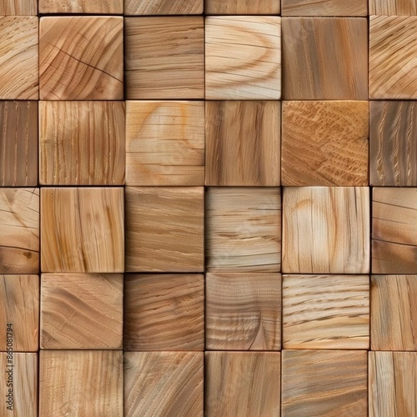Fototapeta The image shows a close-up of a wooden wall made of small square tiles.