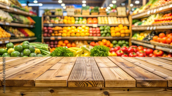 Obraz Empty table in front of blurred background. Perspective wood table over blur in supermarket fruits and vegetables shelf. Mock up for display