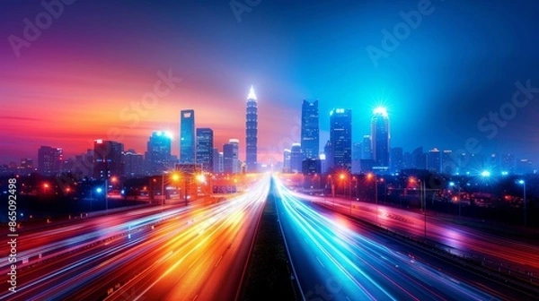 Fototapeta Vibrant cityscape with modern skyscrapers and dynamic light trails at sunset, showcasing urban life and fast-paced movement in stunning colors.