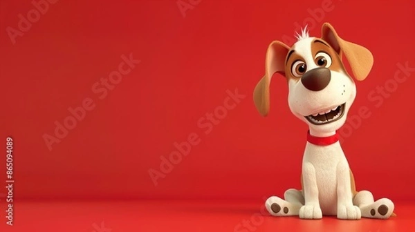 Obraz A playful cartoon dog with floppy ears on a solid red background.