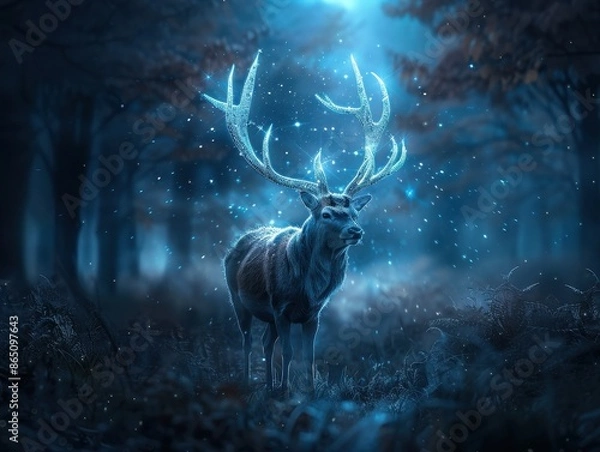 Fototapeta Majestic Deer with Glowing Antlers in Enchanted Forest at Night with Magical Blue Light