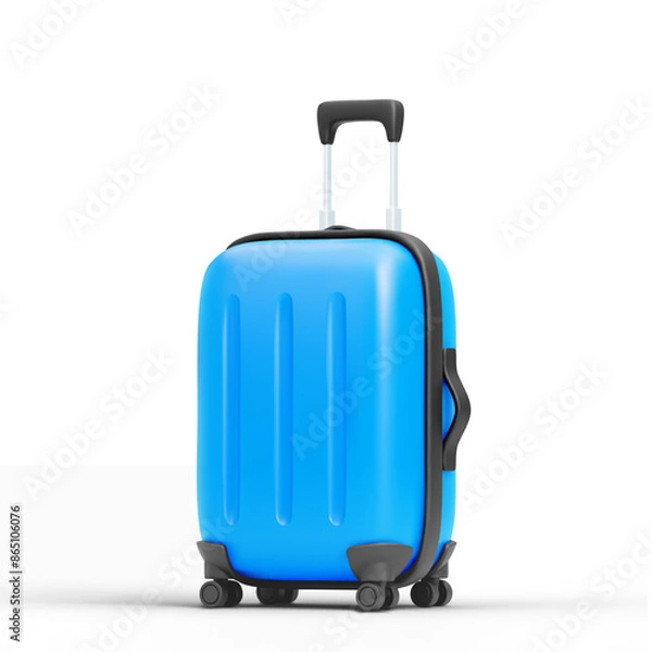 Obraz Cute 3d cartoon blue suitcase with drop shadow isolated on white background. Design element for travel, tourism or business trip concept. Graphic for ui design. Vector illustration of 3d render.