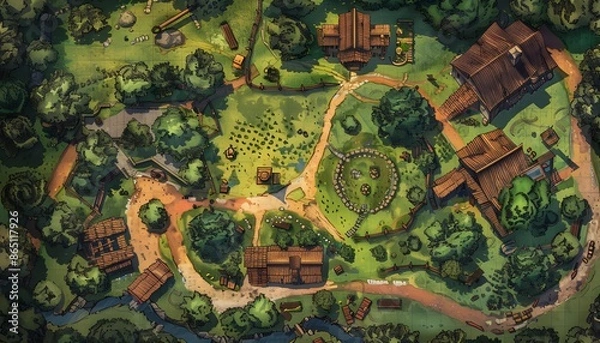 Fototapeta Fantasy map for game rpg, Fantasy rustic battlefield illustration