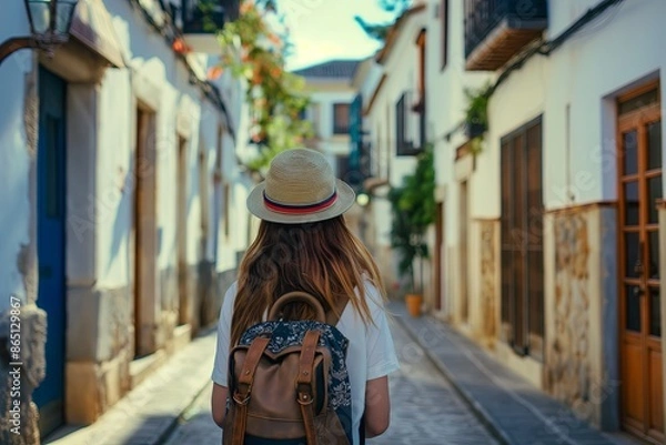 Fototapeta Traveler girl in street of old town in Spain. Young backpacker tourist in solo travel. Vacation, holiday, trip