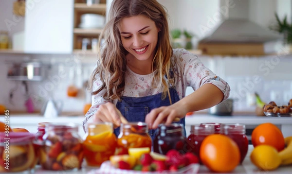 Fototapeta Fruit Jam Making Made Joyful by Happy Woman in White