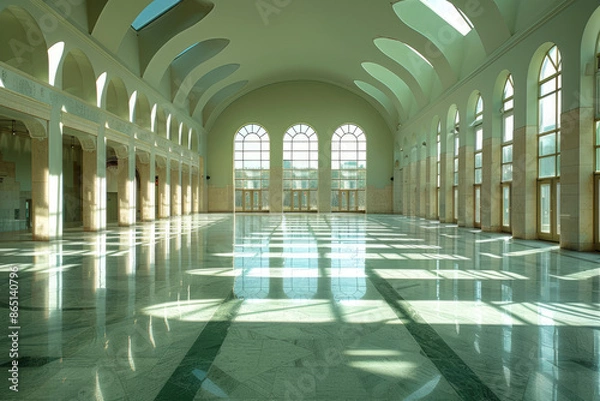Fototapeta The image shows the interior of a large, opulent hall with marble floors and arched windows.