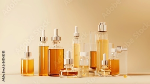 Fototapeta Glistening Elixir A Stunning Array of Glass Skincare Vials in a Radiant Gradient on a Luxurious Beige Background