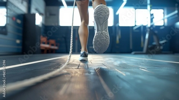 Fototapeta Dynamic Fitness HighSpeed Jumping Rope in Action Athletic Training in Gym