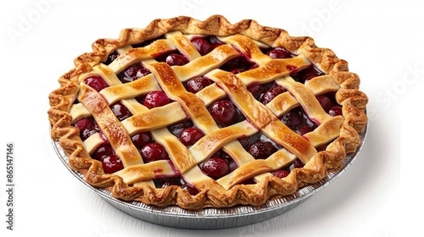 Obraz A beautifully decorated cherry pie with a lattice crust, displayed on an isolated white background, ideal for showcasing delicious desserts in promotional content