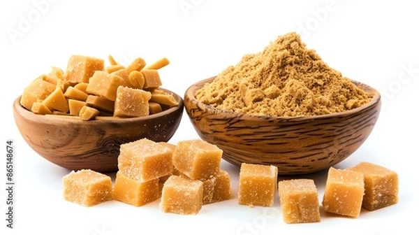 Fototapeta Assorted jaggery products, including cubes and powder, on an isolated white background, perfect for health food marketing and natural sweetener product displays
