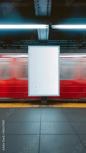 Fototapeta Blurred red subway train passing by a blank advertisement board in an underground station, perfect for promotional and urban-themed designs.