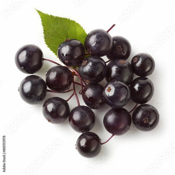 Obraz A handful of ripe, juicy serviceberries with a dark purple hue, isolated on white background