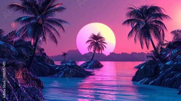 Fototapeta Futuristic neon landscape with palm trees at sunset