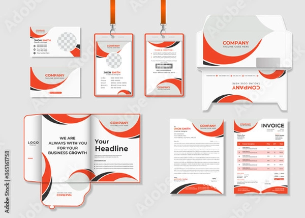 Fototapeta Professional business branding stationery set design template. Business office stationary mockup template of  Business card, ID card, Envelope,  Marketing File folder, Letterhead and Invoice design.
