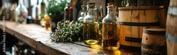 Obraz rustic, kitchen with Bottles of Olive Oil