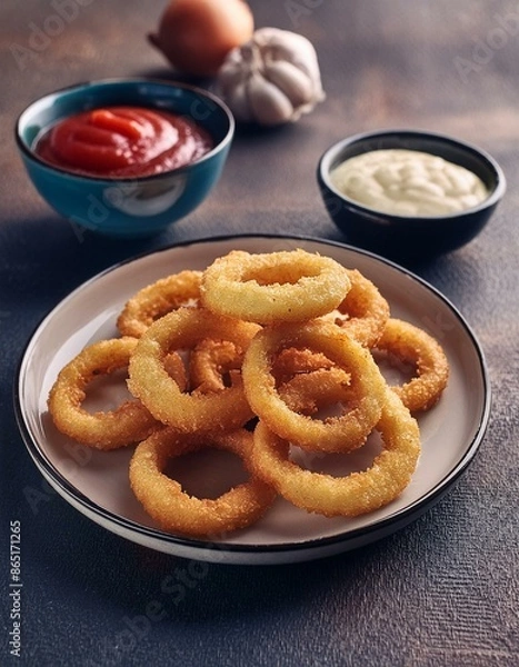 Fototapeta Homemade crunchy deep fried onion rings in plate with sauce