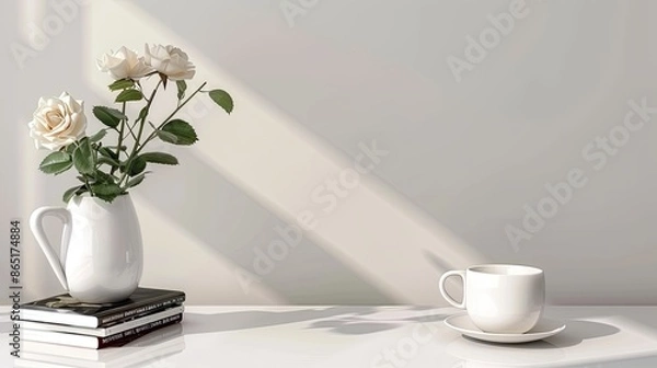 Fototapeta A white coffee cup with cream sits on a white table with a stack of books next to a vase of white and cream flowers. The room is bright and airy
