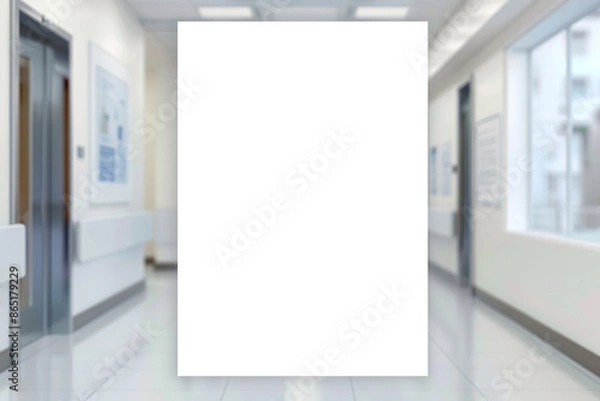 Fototapeta Mock-Up promotion poster displayed on the front of bright blur medical clinic, hospital interior background with defocused effect. Blank A4 white paper on abstract defocused luxury office corridor. Ad
