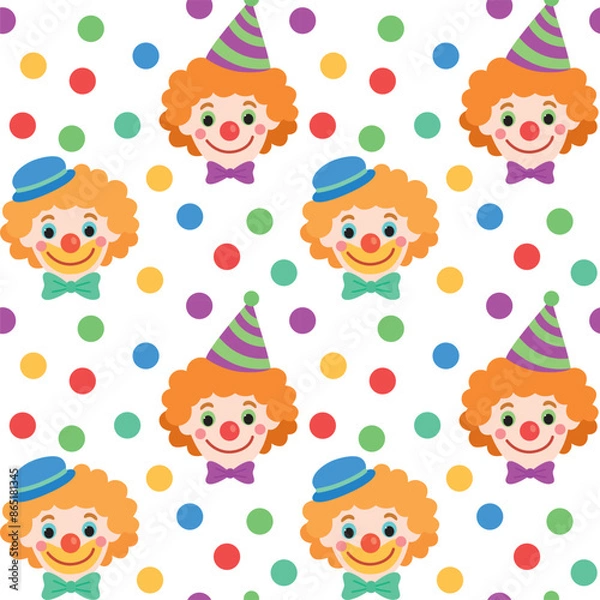 Fototapeta Seamless pattern with fun clowns faces and balls. Vector colorful background in flat style