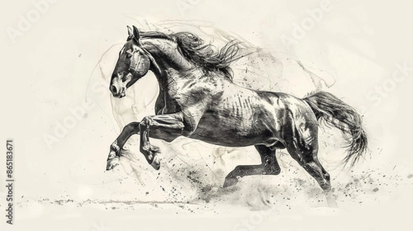 Fototapeta A pencil sketch of a magnificent horse rearing up on its hind legs, isolated on a white background.