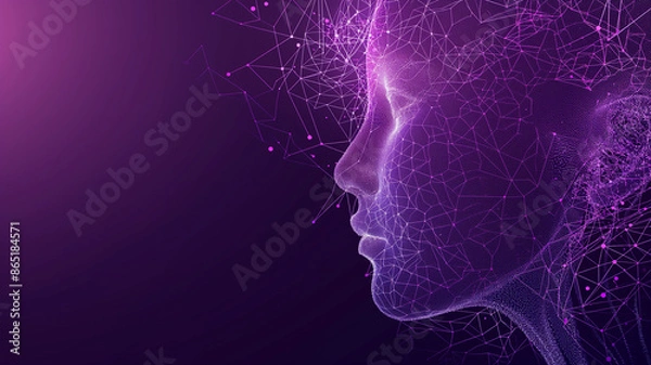 Fototapeta AI technology machine learning concept. Face representing artificial intelligence and digital streaming data purple background. 