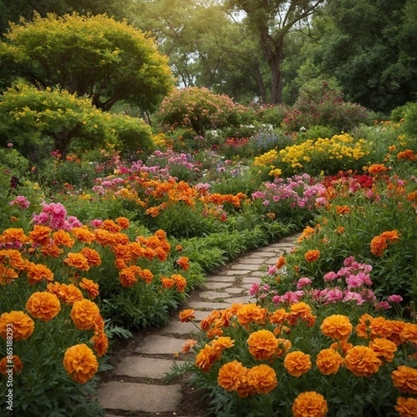 Fototapeta Stone pathway winds through vibrant garden filled with array of colorful flowers. Bright orange marigolds dominate foreground, while pink, yellow blooms add contrast.