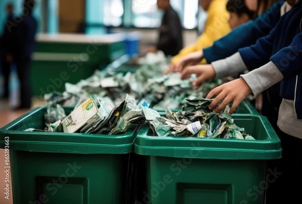 Obraz Children sorting paper money in the trash can at school. Selective focus.