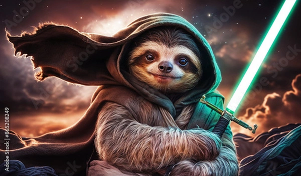 Obraz Portrait of a cute Jedi Sloth. fighting pose cinematic and for gaming concept, cosmic galaxy worrier, gen by AI.
