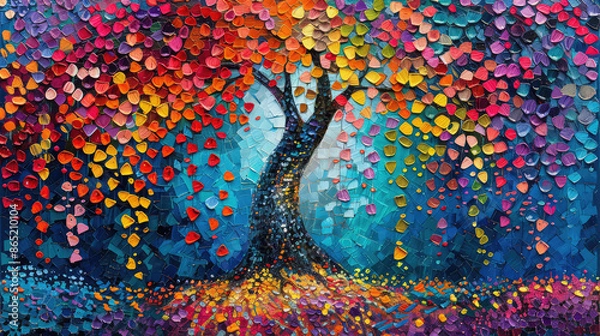 Obraz Elegant colorful tree with vibrant leaves hanging branches illustration background. Bright color 3d abstraction wallpaper for interior mural painting wall art decor. Ai