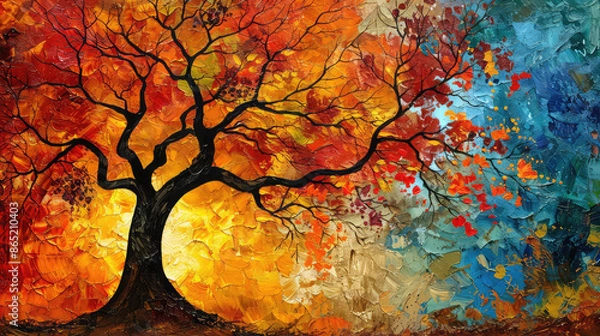 Fototapeta Elegant colorful tree with vibrant leaves hanging branches illustration background. Bright color 3d abstraction wallpaper for interior mural painting wall art decor. Ai