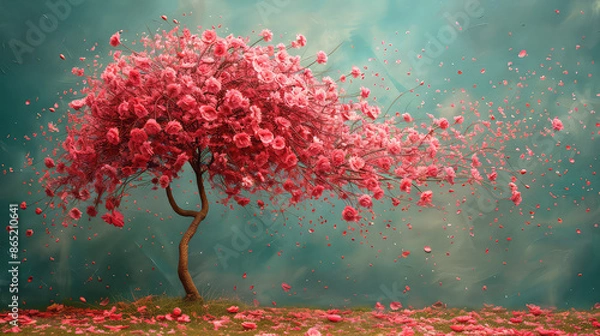 Obraz Elegant colorful tree with vibrant leaves hanging branches illustration background. Bright color 3d abstraction wallpaper for interior mural painting wall art decor. Ai