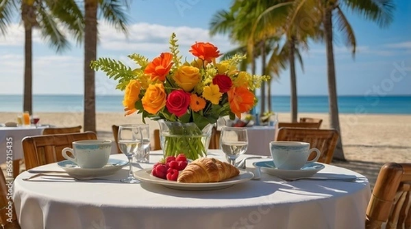 Fototapeta A breakfast table by the sea, the table is beautifully arranged with various breakfast items including croissants, fresh fruit and glasses of orange juice.