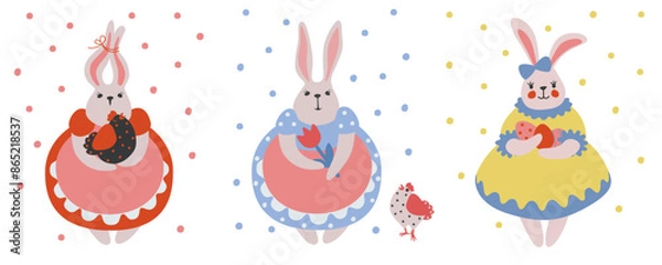 Fototapeta Collection of cute rabbits and chickens. Isolated objects on white background.