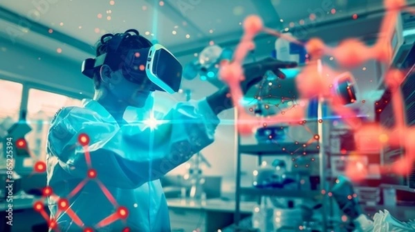 Fototapeta Scientist in VR headset conducting experiment in virtual lab, manipulating molecular structures