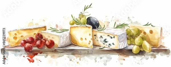 Fototapeta A watercolor rendering of a gourmet cheese platter background.