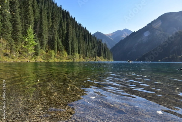 Obraz The beatiful Turquoise mountain Lake Issyk Kul close to Almaty in Kazakhstan
