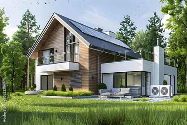 Obraz A high-resolution 3D rendering of a modern single-family house with a heat pump system installed beside it, highlighting energy efficiency and renewable energy concepts