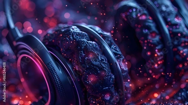 Fototapeta Close-up view showcasing a car engine, car, and headlight against a backdrop of starry night sky, featuring elements of light, space, illustration, and digital art