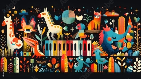 Fototapeta Colorful graffiti wall with scattered notes featuring cartoon characters, monsters, animals, and holiday themes under a starry night sky