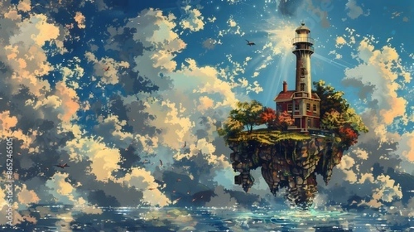 Fototapeta A tanker sails near a lighthouse in a vast seascape at sunset, blending industry with nature