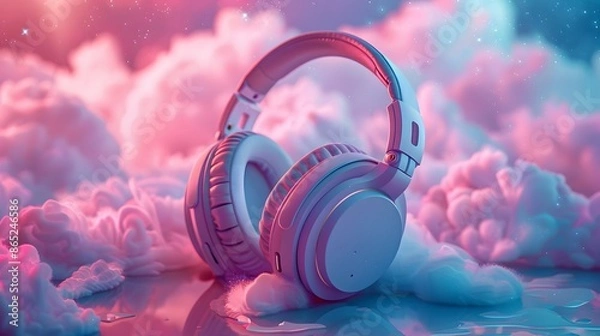 Fototapeta Pink headphones on a sky-blue background, surrounded by tags like headphones, music, and technology