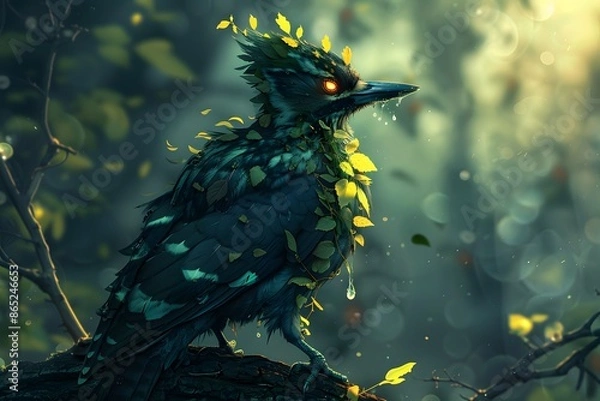 Fototapeta Peacock in the wild among vibrant green foliage, showcasing its iridescent feathers and majestic presence amidst nature's tranquility