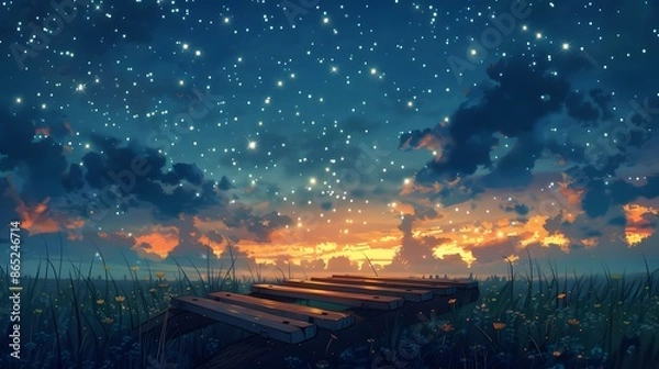 Fototapeta A time-lapse of clouds moving over a cityscape, showcasing the transition from sunset to night under a sky filled with colors and stars