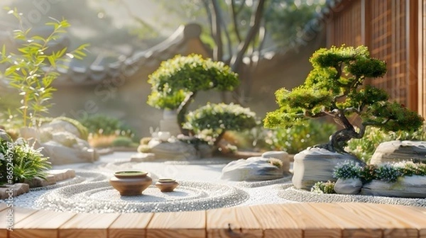 Fototapeta A garden table with chairs, decorated with flowers and plants