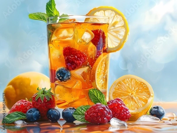 Fototapeta A refreshing glass of lemonade with fruits and a colorful cocktail