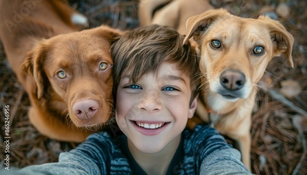 Fototapeta A smiling boy takes a selfie with a pet dog