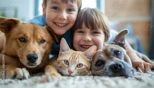 Obraz A smiling boy takes a selfie with a pet cat and dog