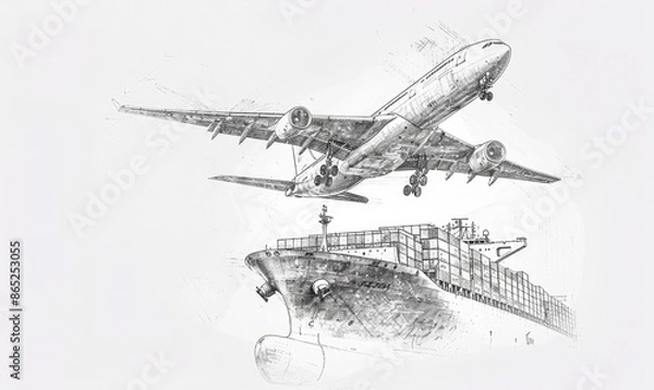 Fototapeta Detailed pencil sketch of an airplane in flight and a cargo ship, representing global transportation and logistics.
