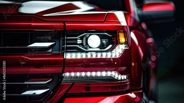 Fototapeta Close up detail on one of the LED headlights red Pickup Truck on black background,copy space
