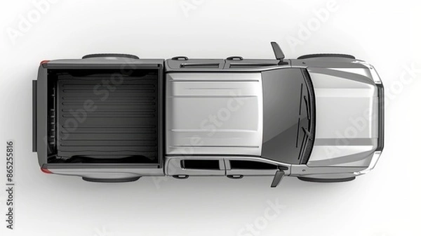 Fototapeta Gray pick up car truck above top view with empty trunk isolated